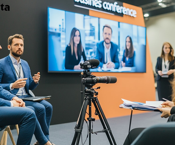 Business professionals participating in a hybrid conference setup with live panel and video call, recorded on camera05.jpg
